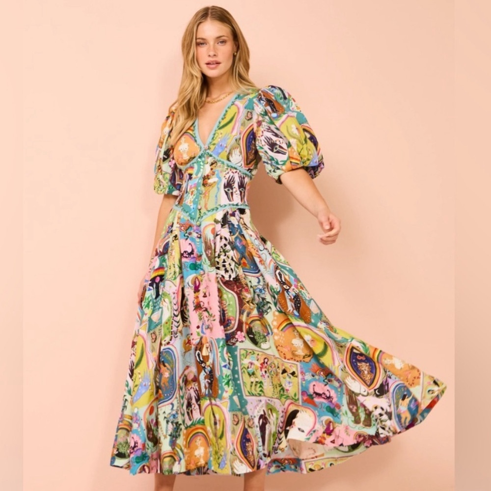 ALEMAIS evergreen linen midi puff sleeve dress